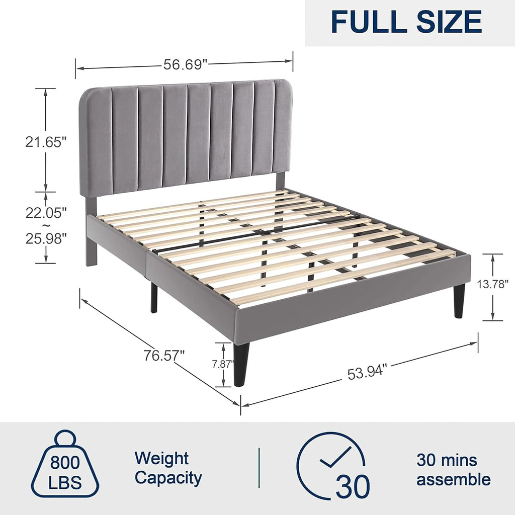 VECELO Full Size Upholstered Bed Frame with Adjustable Headboard, Velvet Platform Bedframe Mattress Foundation, Strong Wood Slat Support, No Box Spring Needed, Charcoal Grey