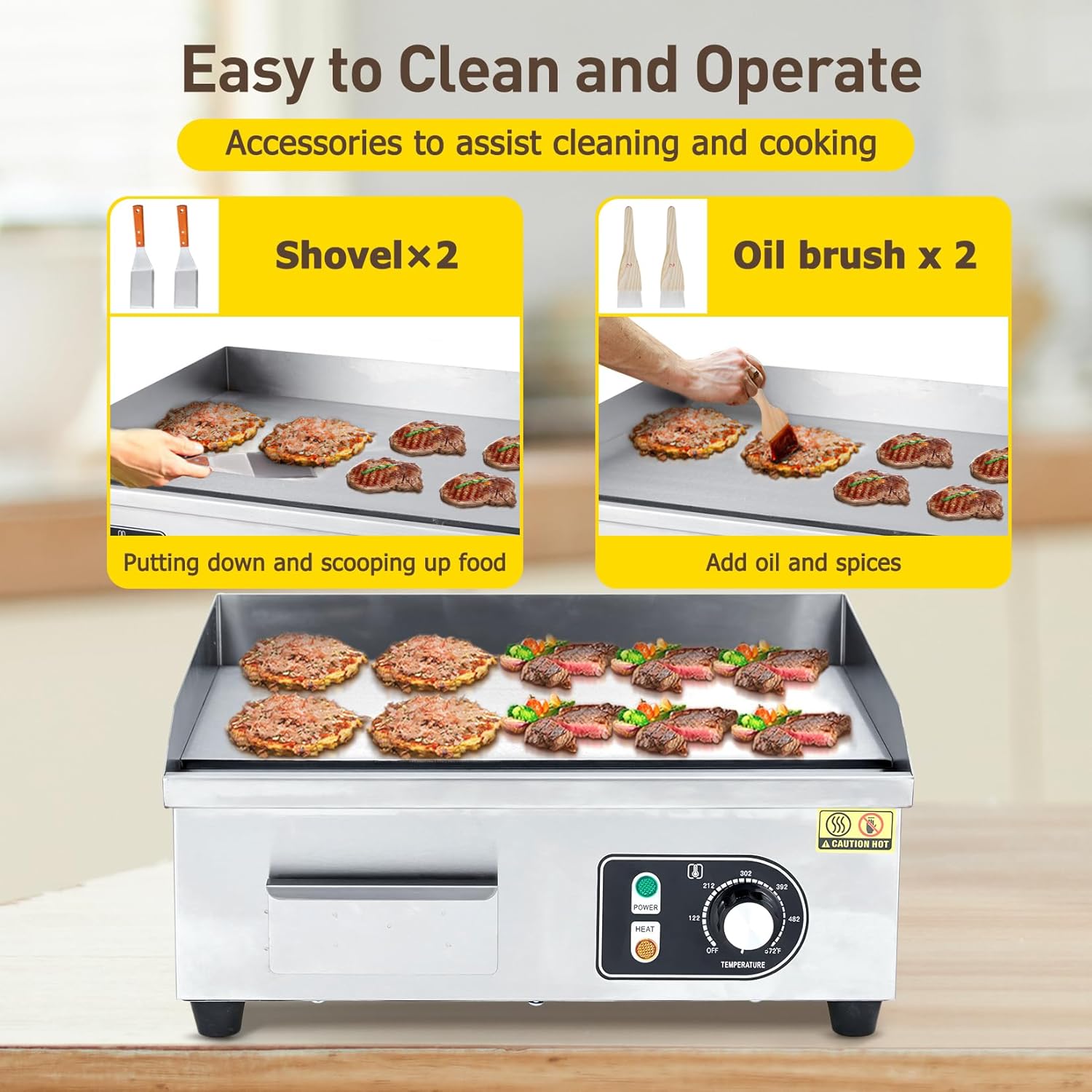 22' 1500W Electric Griddle – Stainless Steel Half-Flat Top Countertop Grill, 122°F-572°F Adjustable Temp, 2 Shovels & 2 Brushes with Plug for Home & Restaurant
