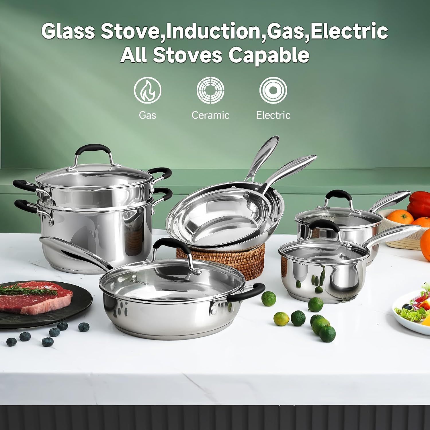 SLOTTET Stainless Steel Kitchen Cookware Set,11 Piece Pots and Pans Set with Steamer,Heat-resistant Handle,Non-Toxic,Induction,Oven,Dishwasher Safe