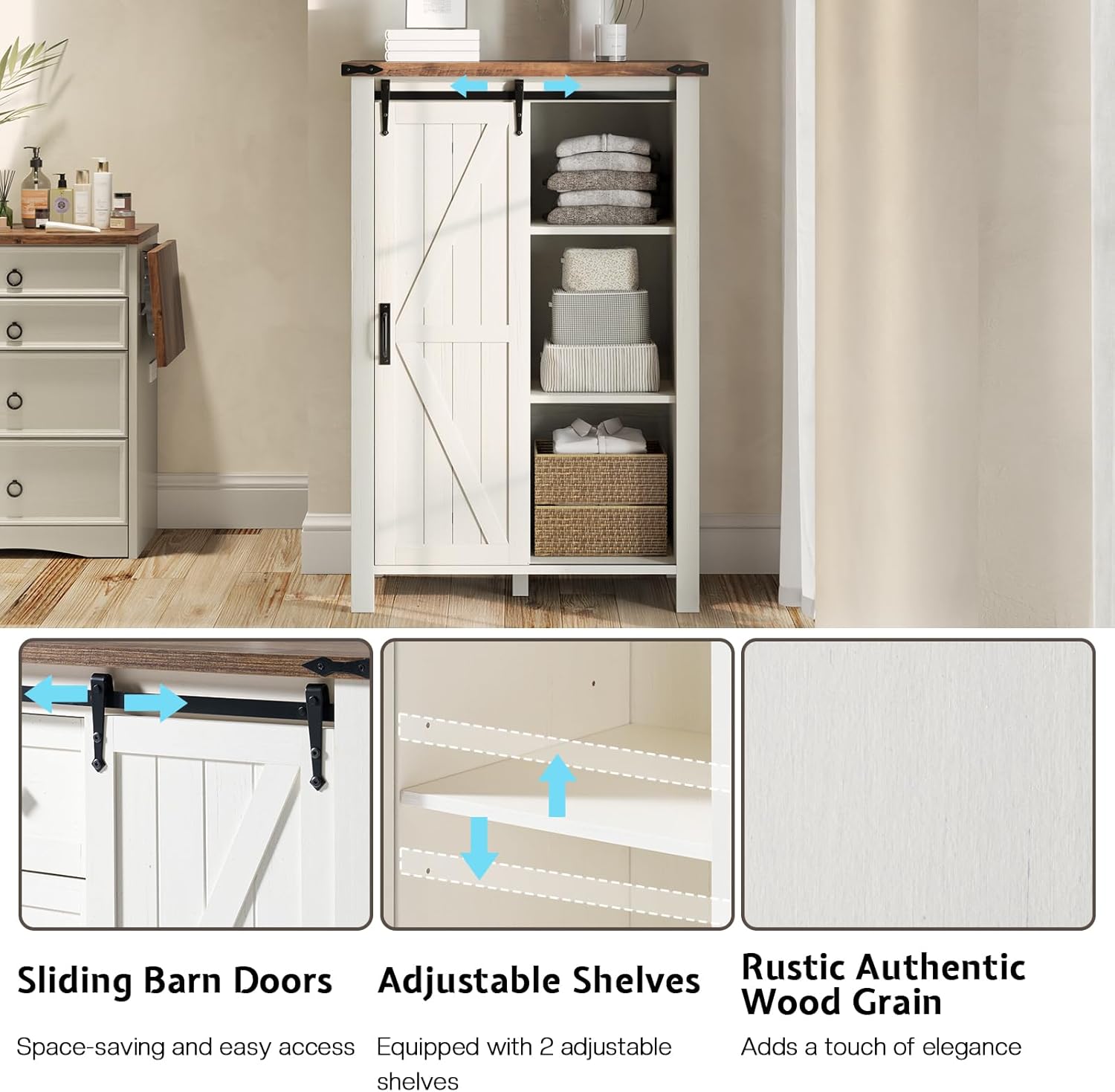 LUXOAK 3 Pieces Bedroom Set - Includes 60' Farmhouse Dresser, 48' Chest of Drawers with Sliding Barn Doors, 48' Tall Storage Cabinet with 5 Drawers, Rustic White