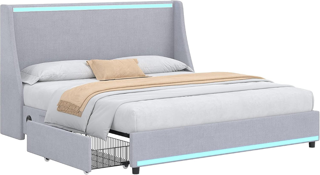 VECELO Full Size Bed Frame with Storage Drawers, Upholstered Platform Bedframe with Wingback Headboard, No Box Spring Needed, Classic Grey