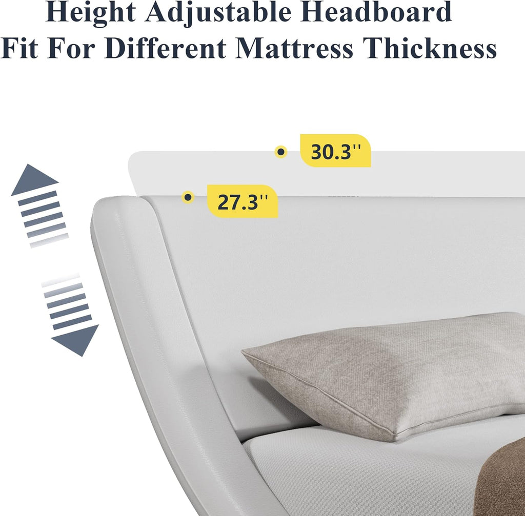 Allewie Queen Size Upholstered Platform Bed Frame with Ergonomic & Adjustable Headboard, Modern Low Profile Sleigh Design - Easy Assembly, No Box Spring Needed, White