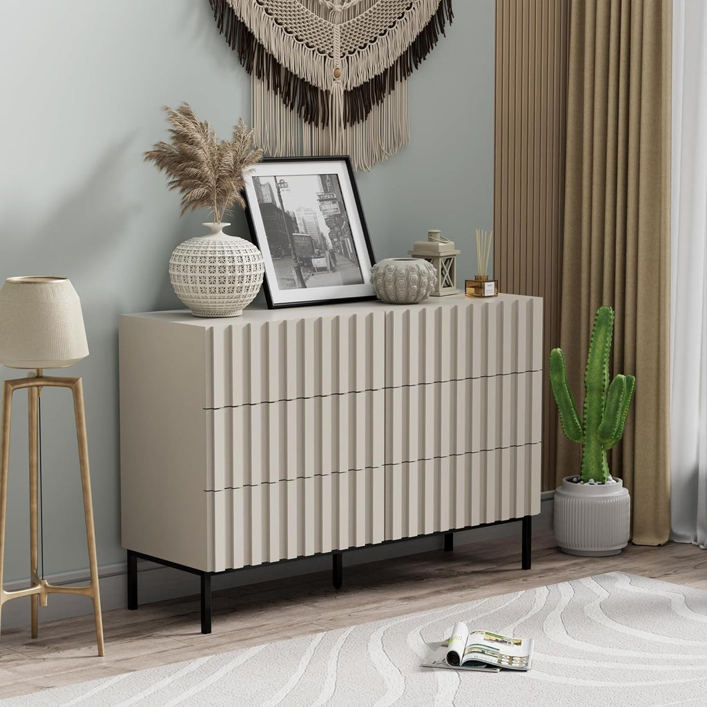 UEV 3 Piece Dresser and Nightstand Sets for Bedroom, 47' Wide 6 Drawer Dresser & Nightstand Set of 2, Mid Century Modern Fluted Wooden Dressers Set, Bedroom Furniture Set (Milkly White)