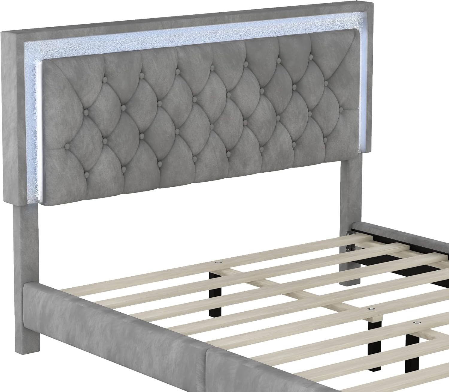 3-Pieces Bedroom Sets, Harper & Bright Designs Queen Size LED Velvet Platform Bed Frame with LED Lights & Tufted Headboard, Wood Slat Support, No Box Spring Needed, Easy Assembly (Grey)