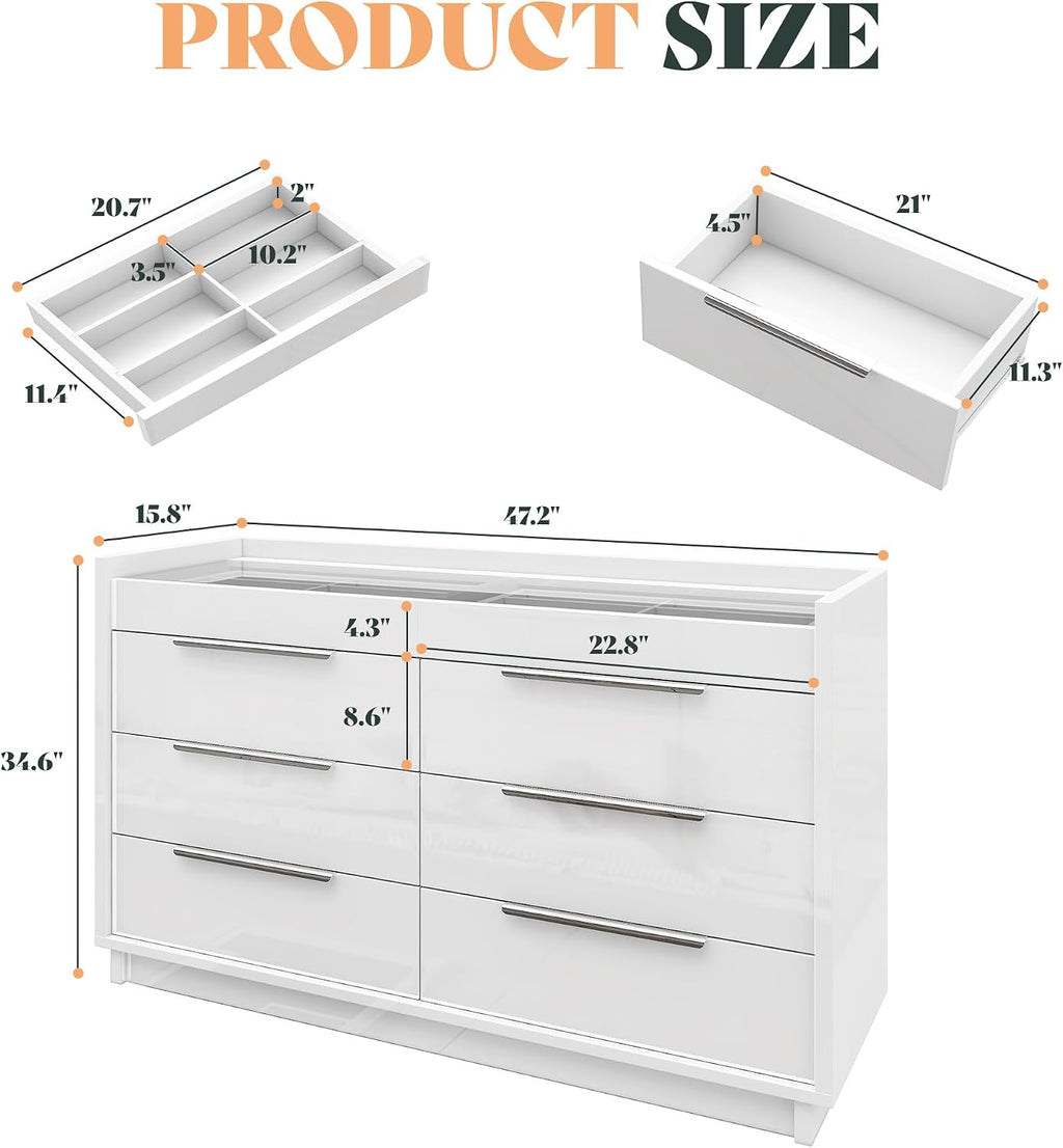 AMERLIFE High Gloss Dresser Set, 3 Piece Bedroom Furniture Set, 8 Drawer Dresser with LED Light & 2 Nightstands with Charging Station, Modern UV Finish, Bedroom Storage Organizer, White