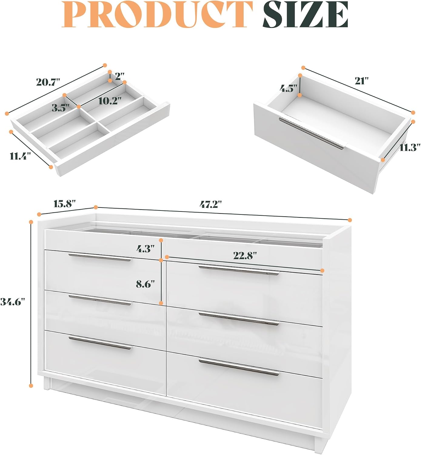 AMERLIFE High Gloss Dresser Set, 3 Piece Bedroom Furniture Set, 8 Drawer Dresser with LED Light & 2 Nightstands with Charging Station, Modern UV Finish, Bedroom Storage Organizer, White