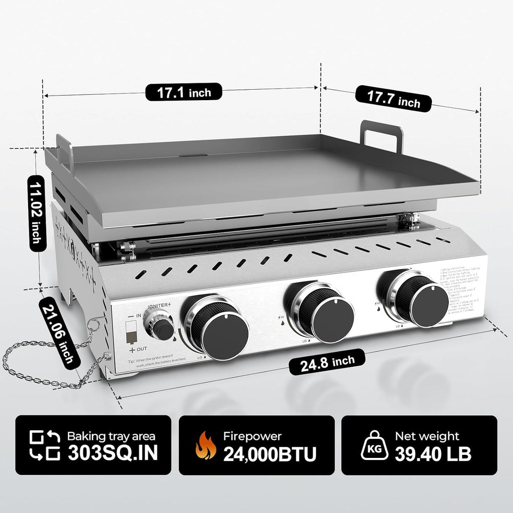 R.W.FLAME 3 Burner Tabletop Propane Griddle, 25' Stainless Steel, 24,000 BTU, Flat Top Grill for Outdoor BBQ, Camping & Patio
