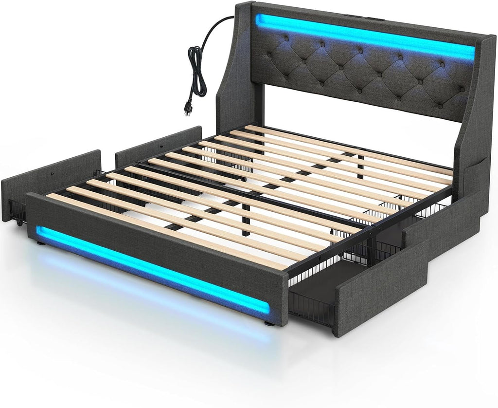 Rolanstar Queen Bed Frame with LED Lights and Charging Station, Upholstered Bed with Drawers, Wooden Slats, Noise Free, Easy Assembly, Dark Gray