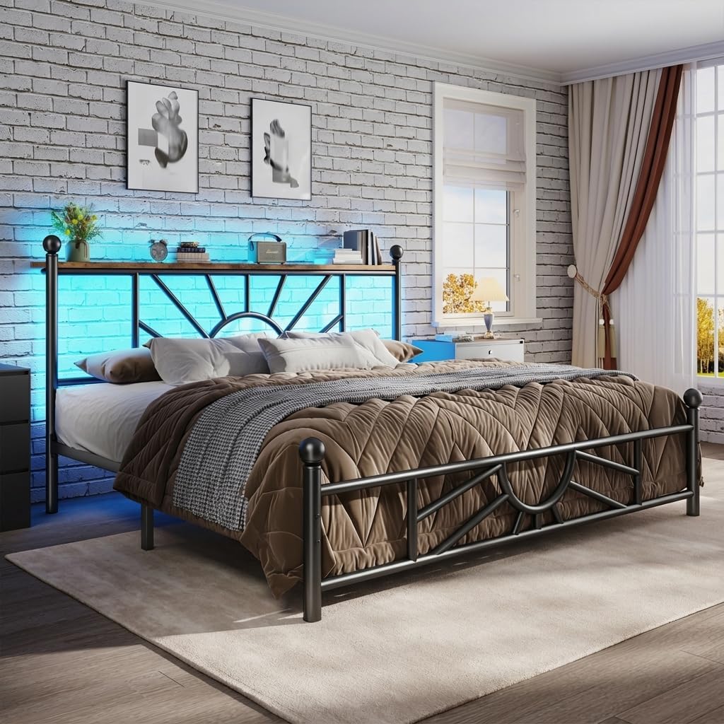 Homkdom 14 inch Queen Size Metal Platform Bed Frame with Headboard, Victorian Queen Bed Frame with Under Bed Storage/No Box Spring Needed/Noise-Free/Easy Assembly, Black
