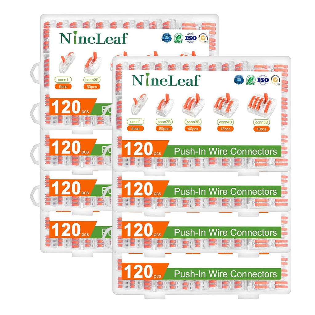 NineLeaf 120 Pcs Lever Wire Connectors Kit, 1/2/3/4/5 Port Combination, Push-in Electrical Wire Nuts AWG 28–12, Reusable Transparent Quick Connectors with Voltage Test Hole,8Set