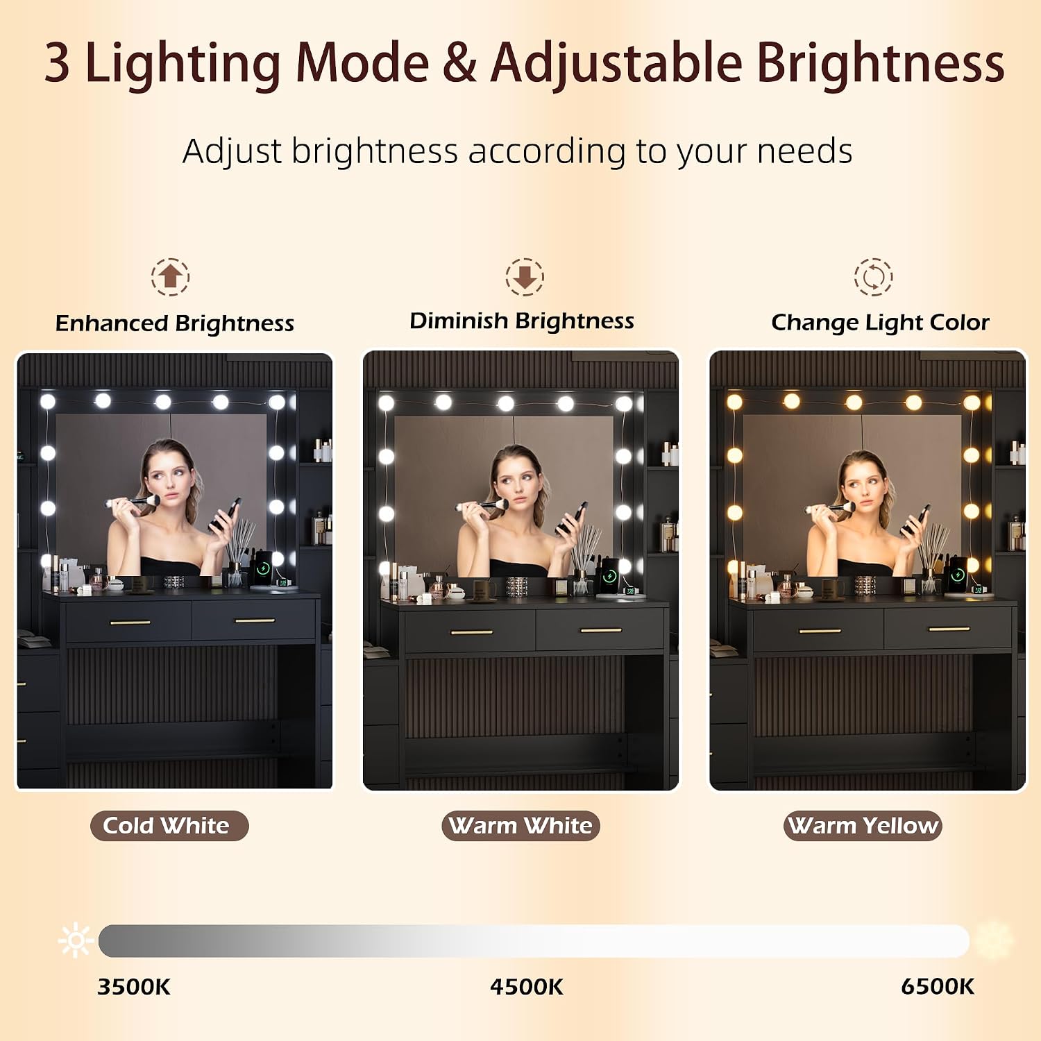 TOKSOM Black Vanity Desk with Mirror, Lights & Charging Station, 58.3' 3 Lighting Modes Makeup Desk with 8 Drawers, 2 Cabinets and Lots Storage, Dressing Table Vanity Set with Lighted Mirror