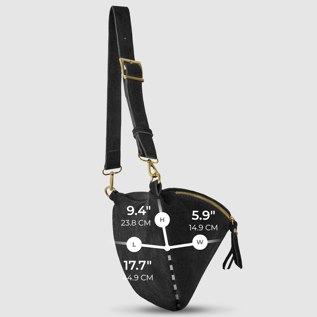 Italian Genuine Suede Crossbody Bag for Women with Zipper & Detachable Strap | Large Travel Chest Sling Fanny Pack (Black)