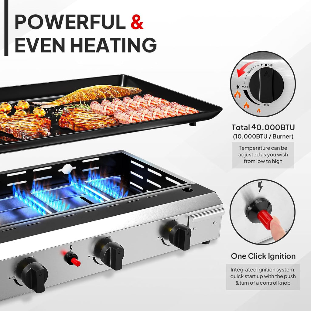 Bonnlo 4 Burner Portable Propane Griddle, 40,000BTU Gas Grill with Enameled Tray, Rolling Flat Top Grill with Electronic Ignition, Side Shelve & Regulator, Ideal for Outdoor Patio Cooking BBQ