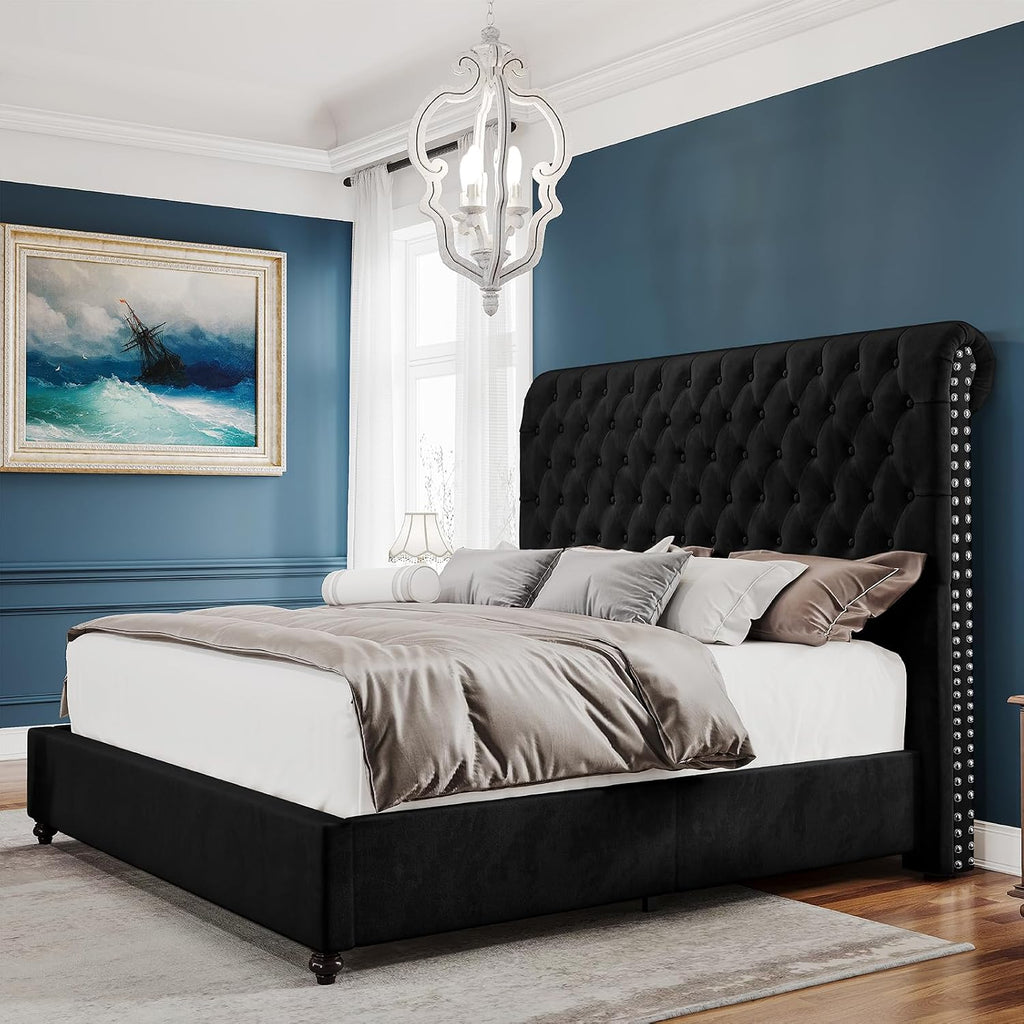 PaPaJet King Bed Frame Upholstered Platform Bed Frame with 53'' Tall Sleigh Headboard, Button Tufted, No Box Spring Needed, Easy Assembly, Black