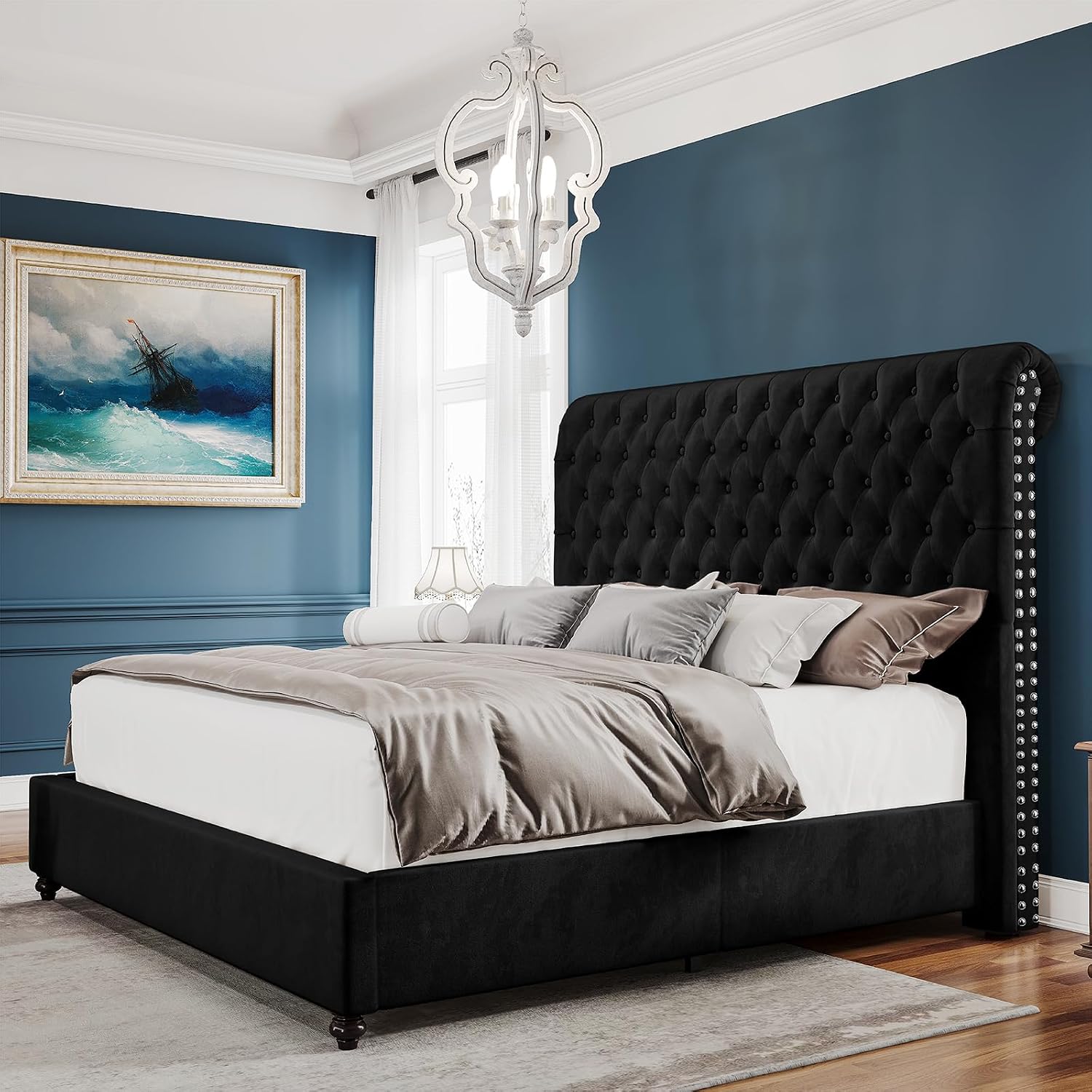 PaPaJet King Bed Frame Upholstered Platform Bed Frame with 53'' Tall Sleigh Headboard, Button Tufted, No Box Spring Needed, Easy Assembly, Black