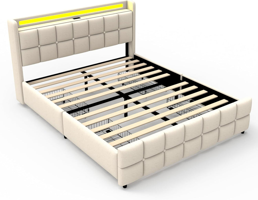 Juego 3 in 1 Full Bed Frame with RGB LED Light, Socket & USB & Type-C Charging Station,4 Drawers, Wooden Slats, Upholstered Bed, Noise-Free, No Box Spring Needed (Beige, Full)
