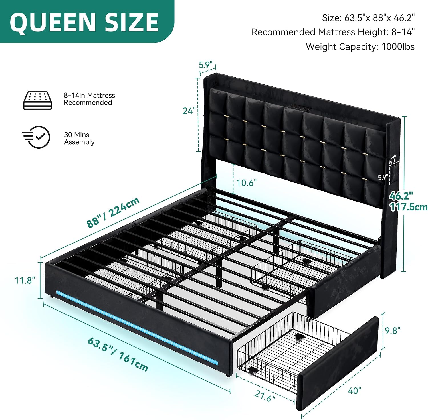 DWVO Queen Size Bed Frame with 4 Drawers and RGB LED Lights, Velvet Upholstered Platform Bed with Charging Station and Storage Headboard, No Box Spring Needed, Easy Assembly, Noise-Free, Black