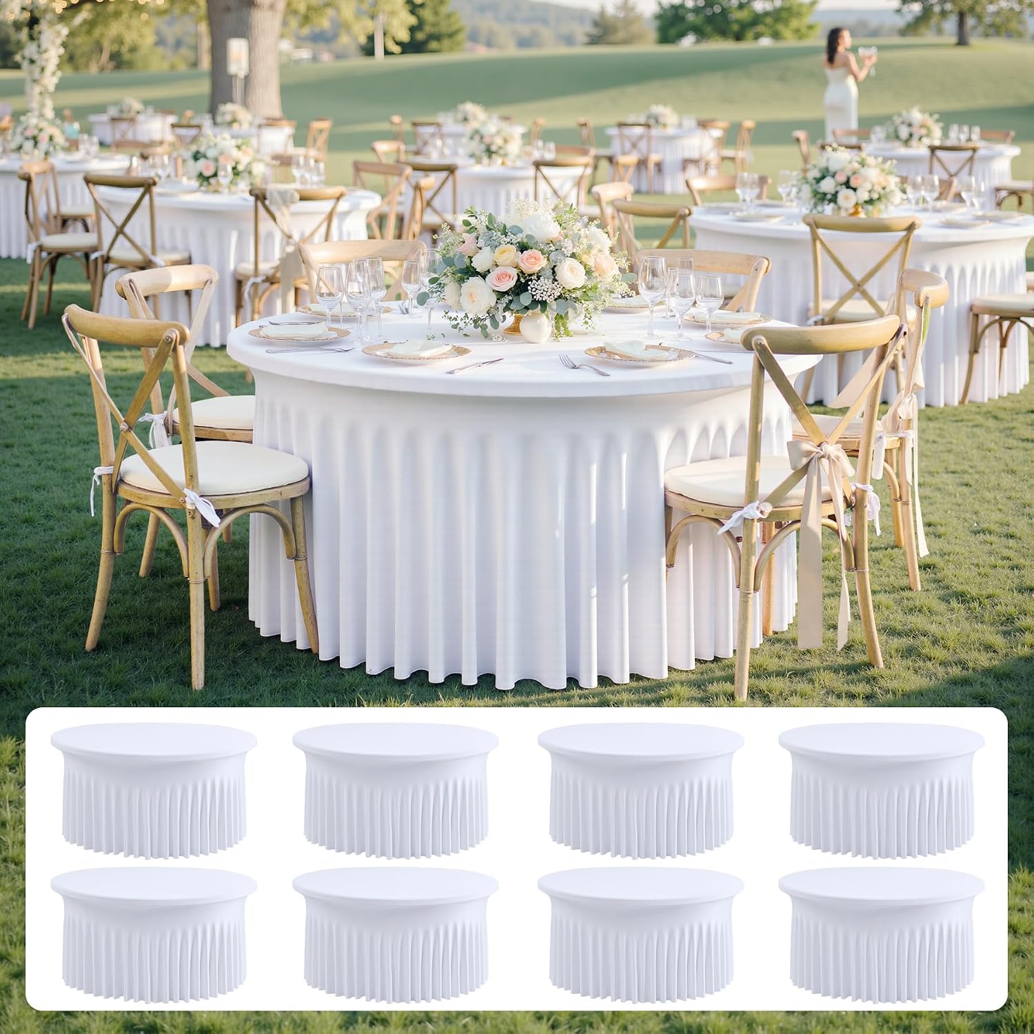 8 pk White Spandex Round Tablecloth 72 in with Ruffled Skirt,Wrinkle Free High-Stretch 132 inch Fitted 6ft Table Cloths Round Elastic Spandex Table Covers 6ft for Party Wedding Banquet Dinning