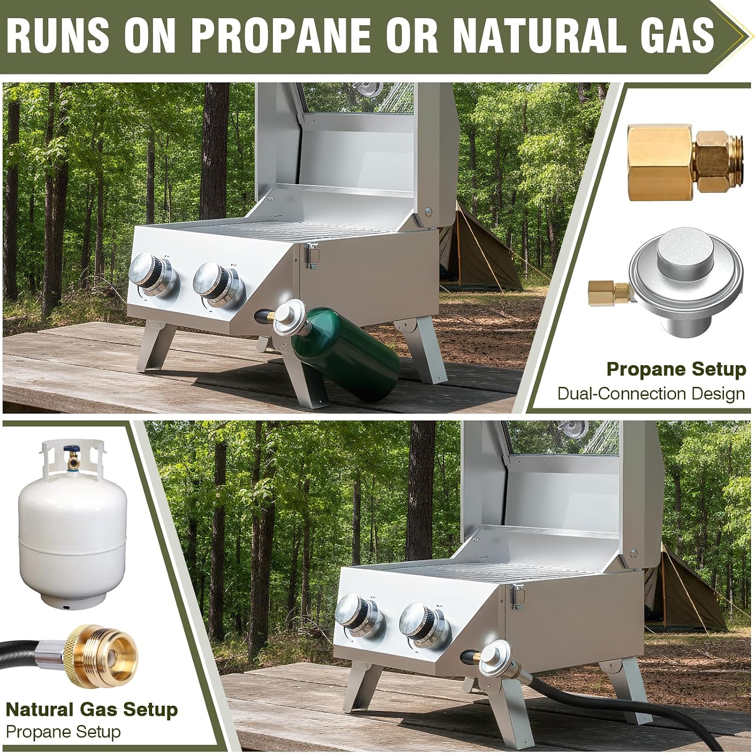 BESTFIRE 2-in-1 Portable Propane Grill, 20,000 BTU 2-Burner Tabletop Gas Grill for Camping & RV, Stainless Steel BBQ with Viewing Glass Lid, Thermometer & Dual-Gas Connection