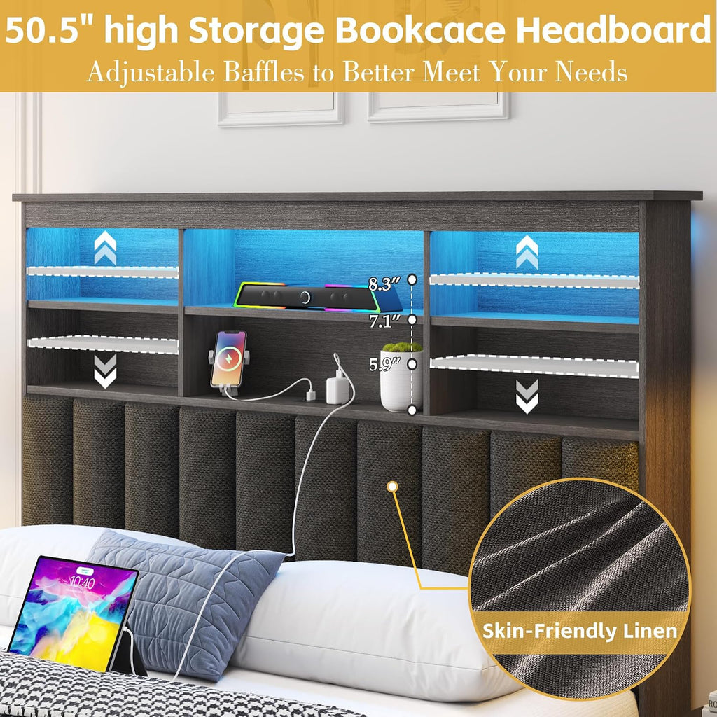 Lifezone Full Bed Frame with Headboard, Full Bed Frame with High Storage Bookcase Headboard,4 Storage Drawers & Charging Station & LED,No Box Spring Needed/Noise Free/All-Metal Support,Rustic Grey