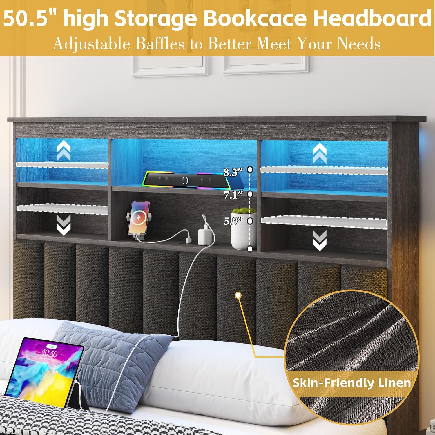 Lifezone Full Bed Frame with Headboard, Full Bed Frame with High Storage Bookcase Headboard,4 Storage Drawers & Charging Station & LED,No Box Spring Needed/Noise Free/All-Metal Support,Rustic Grey