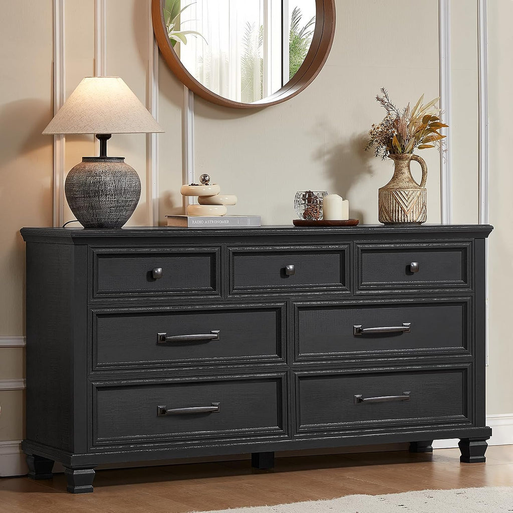 SAVOR LIFE Farmhouse Bedroom Dresser and Nightstand Set 3, 5/7 Drawer Dresser & 2 Drawer Nightstand Set, Rustic Wood Bedroom Furniture Set 3 for Home, Hallway, Black