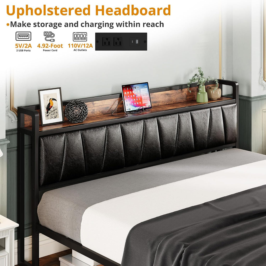 LIKIMIO California King Size Bed Frame, Storage Headboard with Charging Station, Platform Bed with Drawers, No Box Spring Needed, Easy Assembly, Vintage Brown and Black
