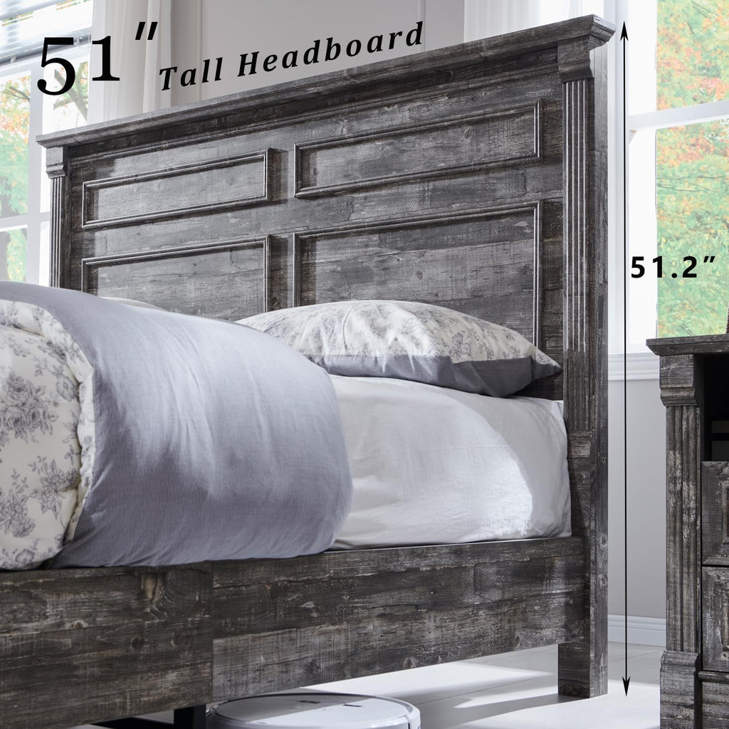 Aitjunz Farmhouse Queen Size Bed Frame with 51' Tall Headboard, Wood Platform Bed Frame with 20' Tall Roman Column Decoration Footboard & 2 Large Storage Drawers, No Box Spring Needed (Light Grey)