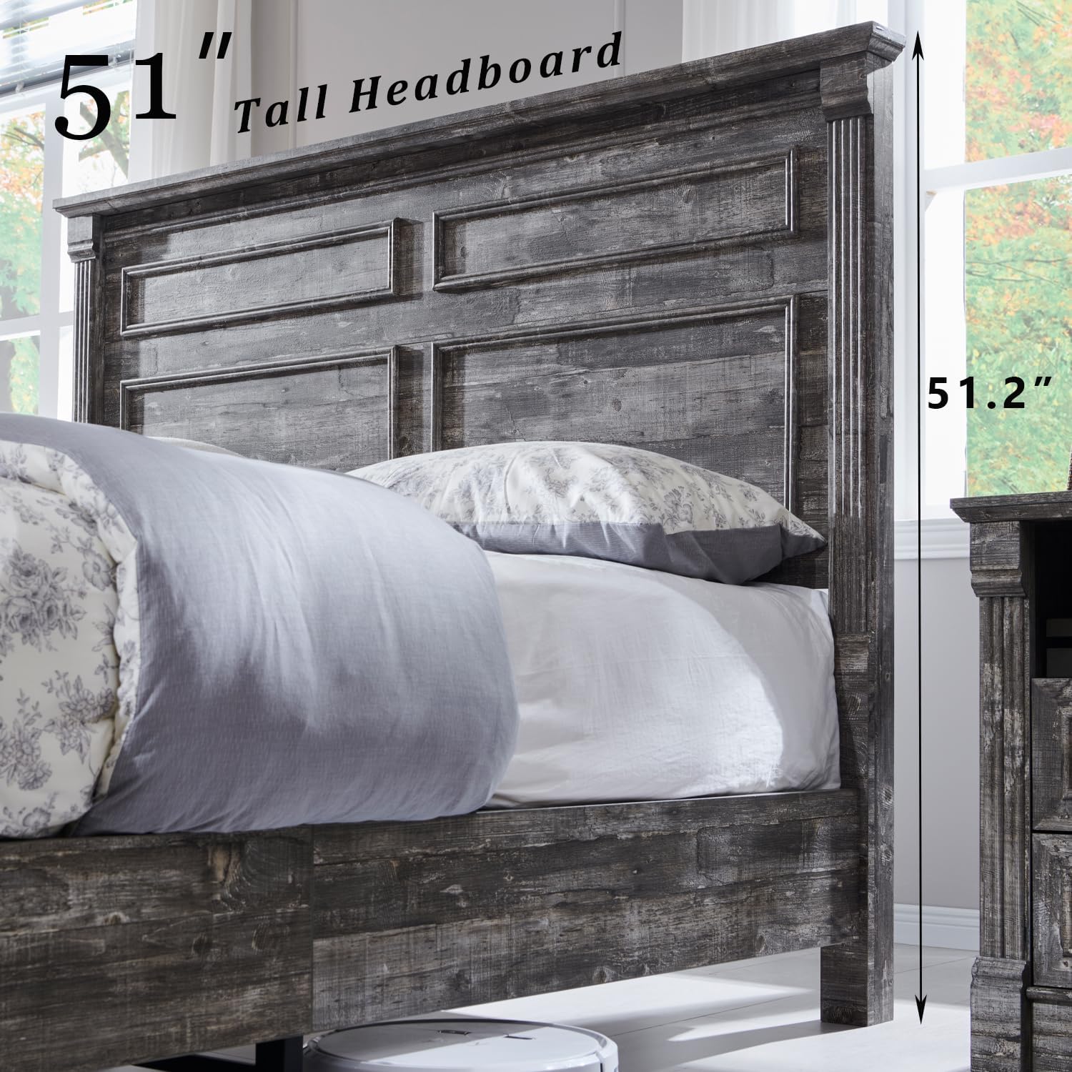 Aitjunz Farmhouse Queen Size Bed Frame with 51' Tall Headboard, Wood Platform Bed Frame with 20' Tall Roman Column Decoration Footboard & 2 Large Storage Drawers, No Box Spring Needed (Light Grey)