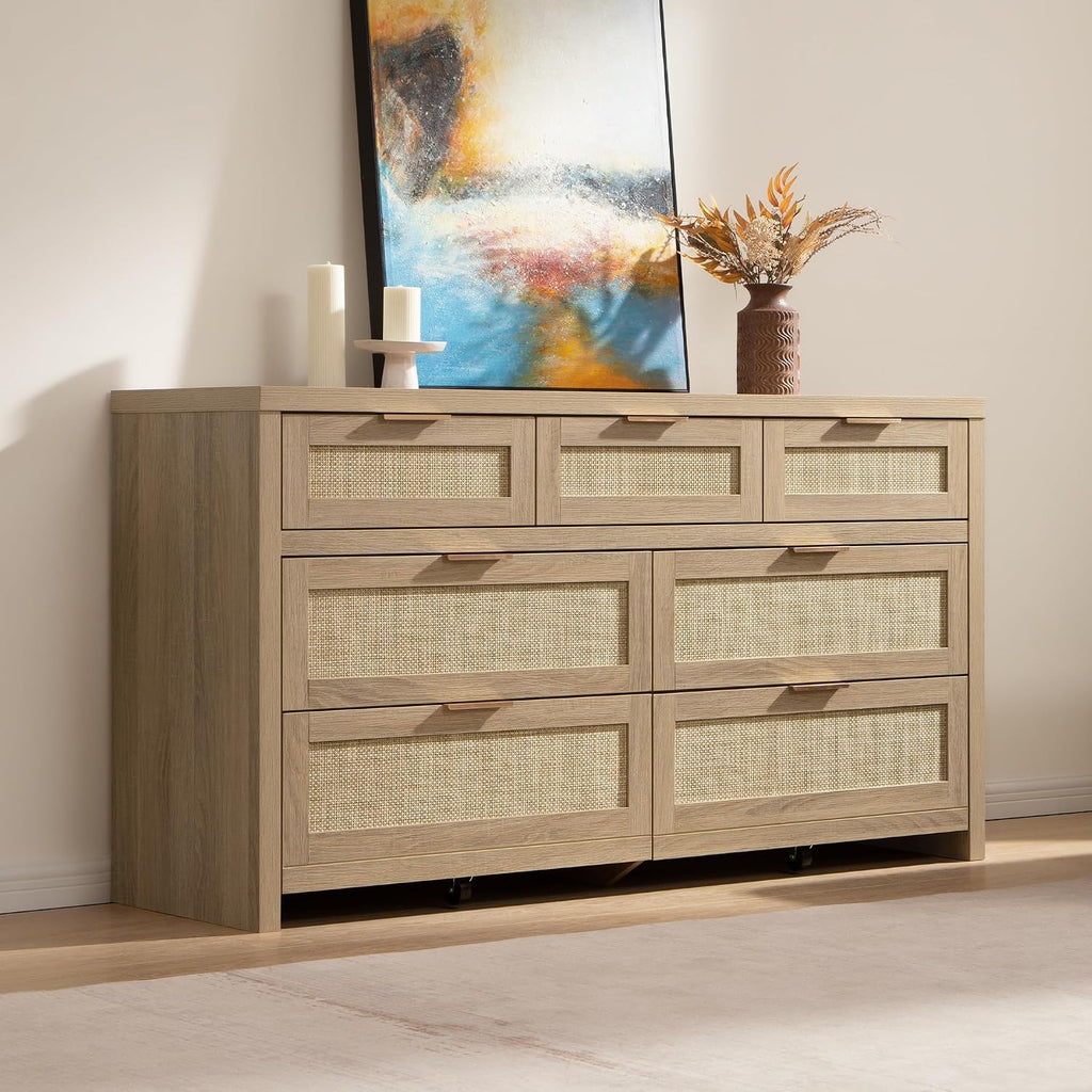 SICOTAS 7 Drawer Dresser for Bedroom, 57' Wide Rattan Dressers, Large Chest of Drawers for Bedroom, Dresser TV Stand, Boho Closet Organizer (Reclaimed Light Oak, 7 Drawers (1 pc))