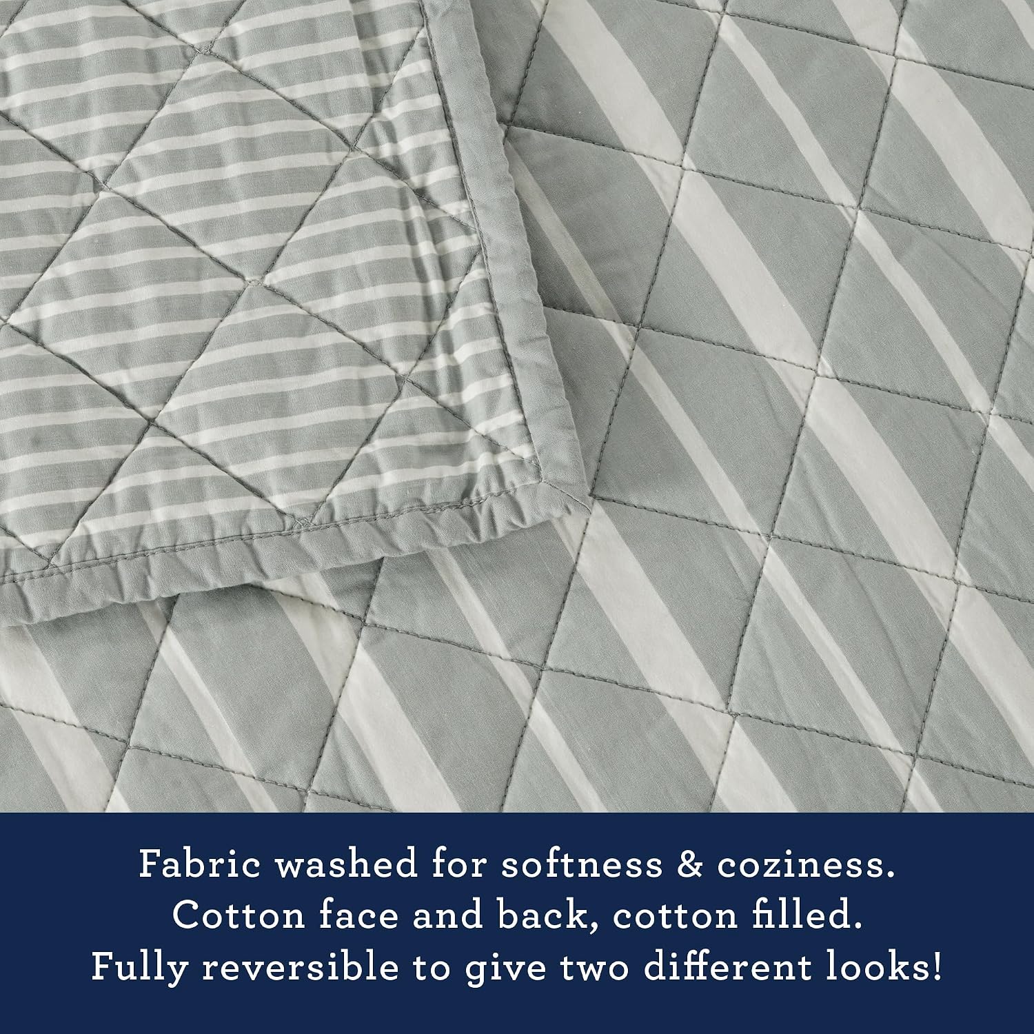 Izod 100% Cotton Percale Pre-Washed Quilt Set, Ultra-Soft & Reversible Bedding, Twin Sheets Set, Wrinkle-Resistant 2-Pc Cotton Bedspread with Matching Shams, All-Season Comfort - Grey Stripe