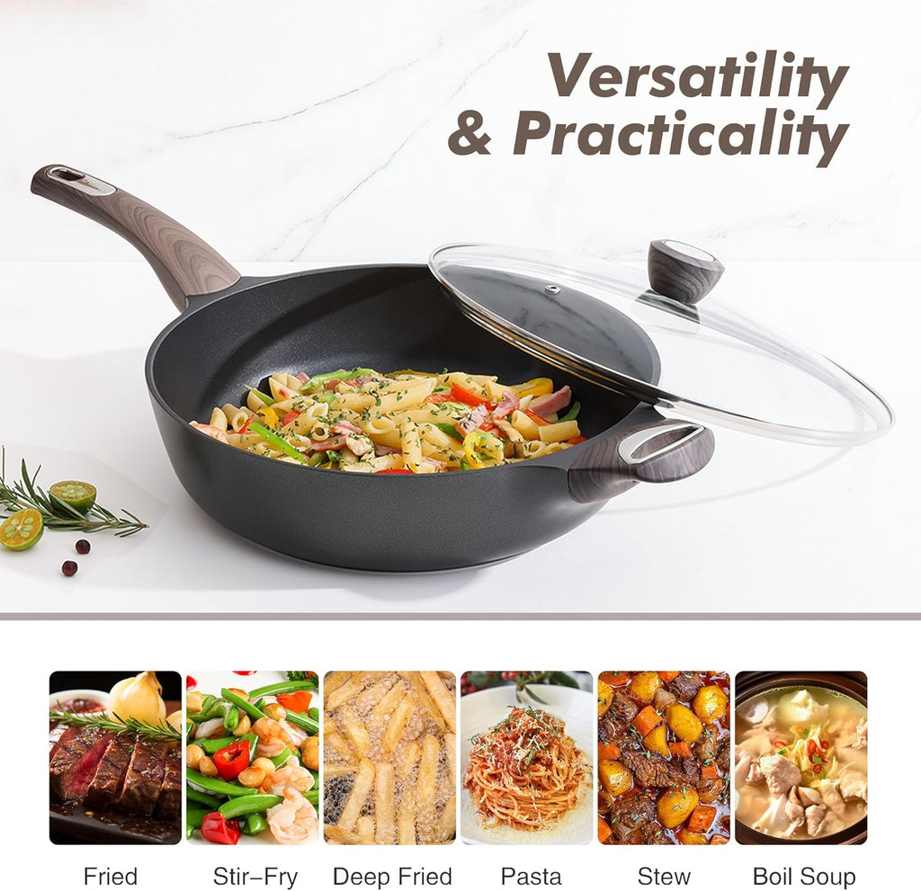 SENSARTE 14 Pcs Non Stick Kitchen Cooking Set, 12 Inch Large Deep Frying Pan, 5 Qt Non Stick Saute Pan with Cover, Healthy Non Toxic Cooking Pan with Helper Handle, PFOA PFOS Free