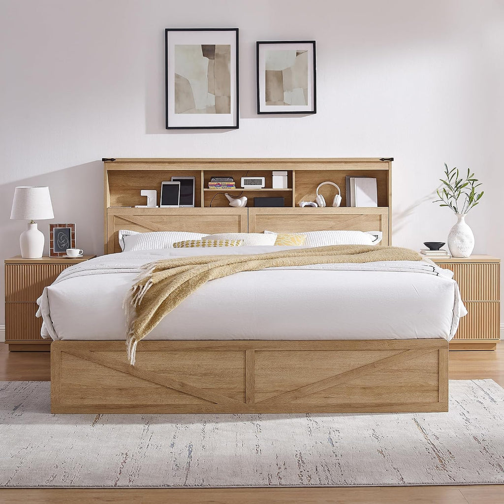 ACCOHOHO King Bed Frame with 52' Headboard and 4 Drawers,LED Light,Charging Station,Solid Wood Slats Support,No Box Spring Needed,Natural Oak