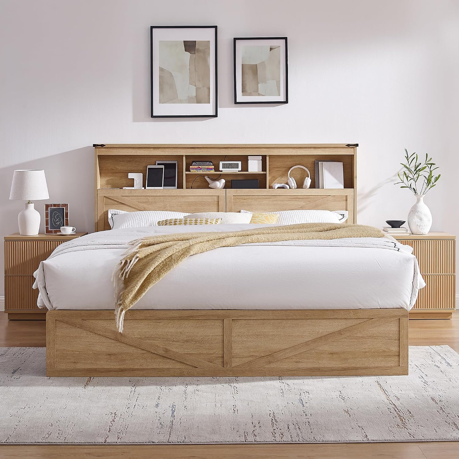 ACCOHOHO King Bed Frame with 52' Headboard and 4 Drawers,LED Light,Charging Station,Solid Wood Slats Support,No Box Spring Needed,Natural Oak