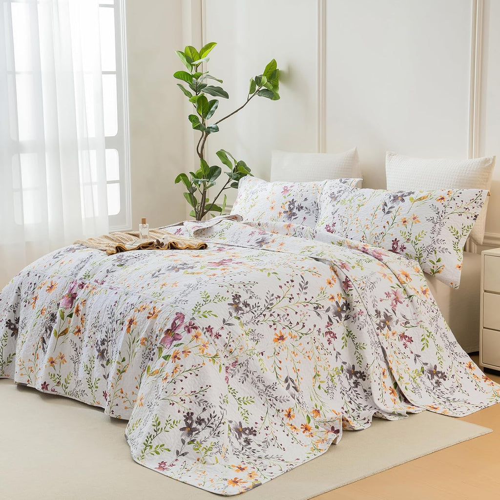 Lady Ann 100% Cotton Quilt Sets Queen, Yellow Flower Botanical Pattern Printed Quilted 102x118 Bedspread Set,Vintage Coverlet Ultra Soft Bedspread Set with Pillow Shams Al Season,3 PCS