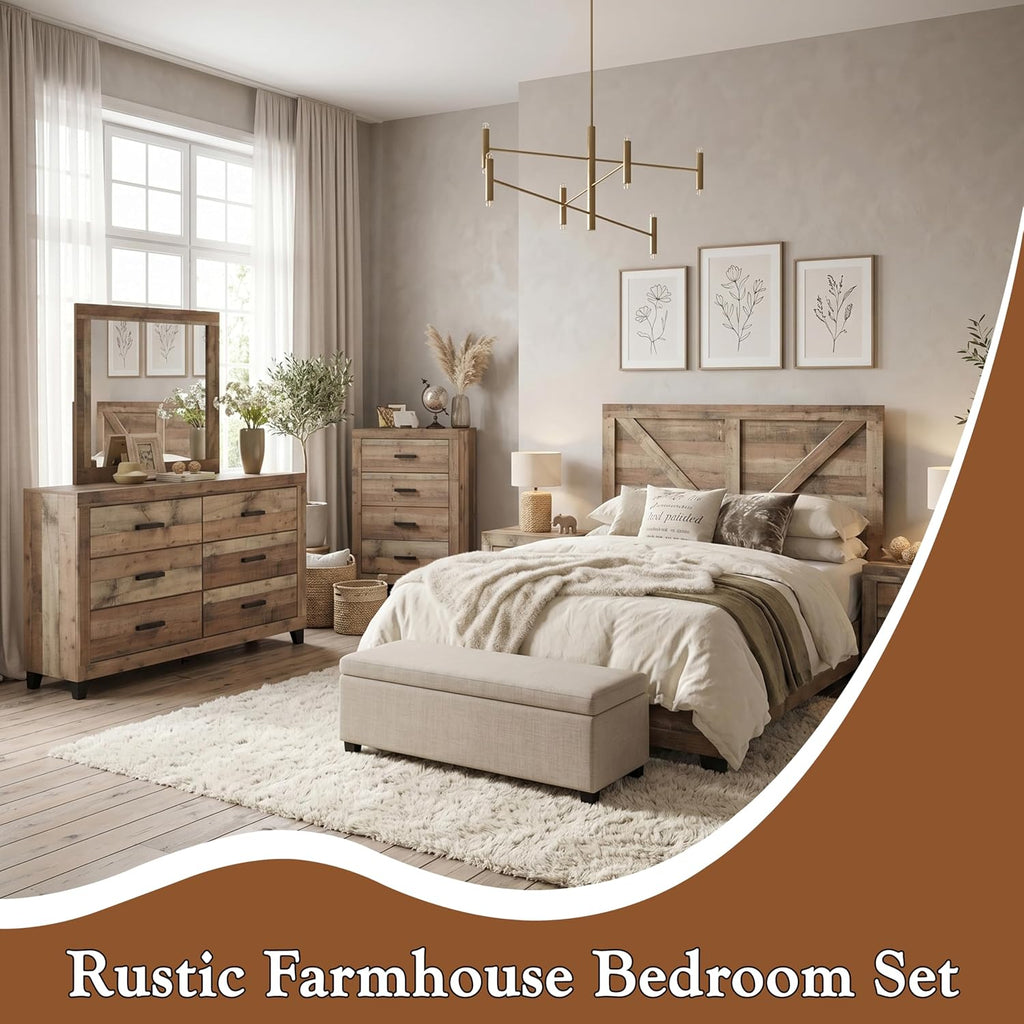 Kings Brand Furniture 6-Piece Antique Natural King Size Bedroom Set - Bed, Dresser, Mirror, Chest and 2 Nightstands