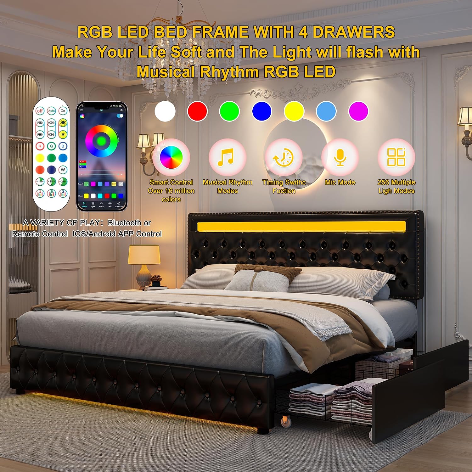 GEGOFORU King Led Bed Frame with 4 Storage Drawers, with Smart Control RGBW LED Lights Headboard Footboard, Control DIY Color, Box Spring Optional, PU Black