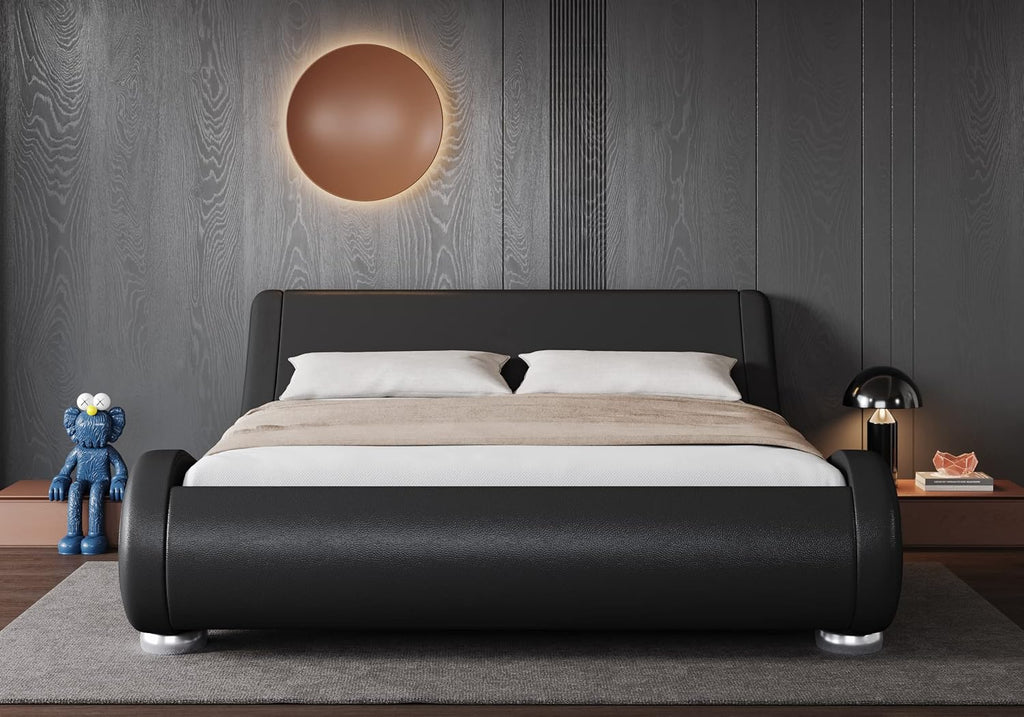 Allewie King Size Upholstered Platform Bed Frame with Ergonomic & Adjustable Headboard, Low Profile Sleigh Design for Elegant Bedroom - No Box Spring Needed, Easy Assembly, Black