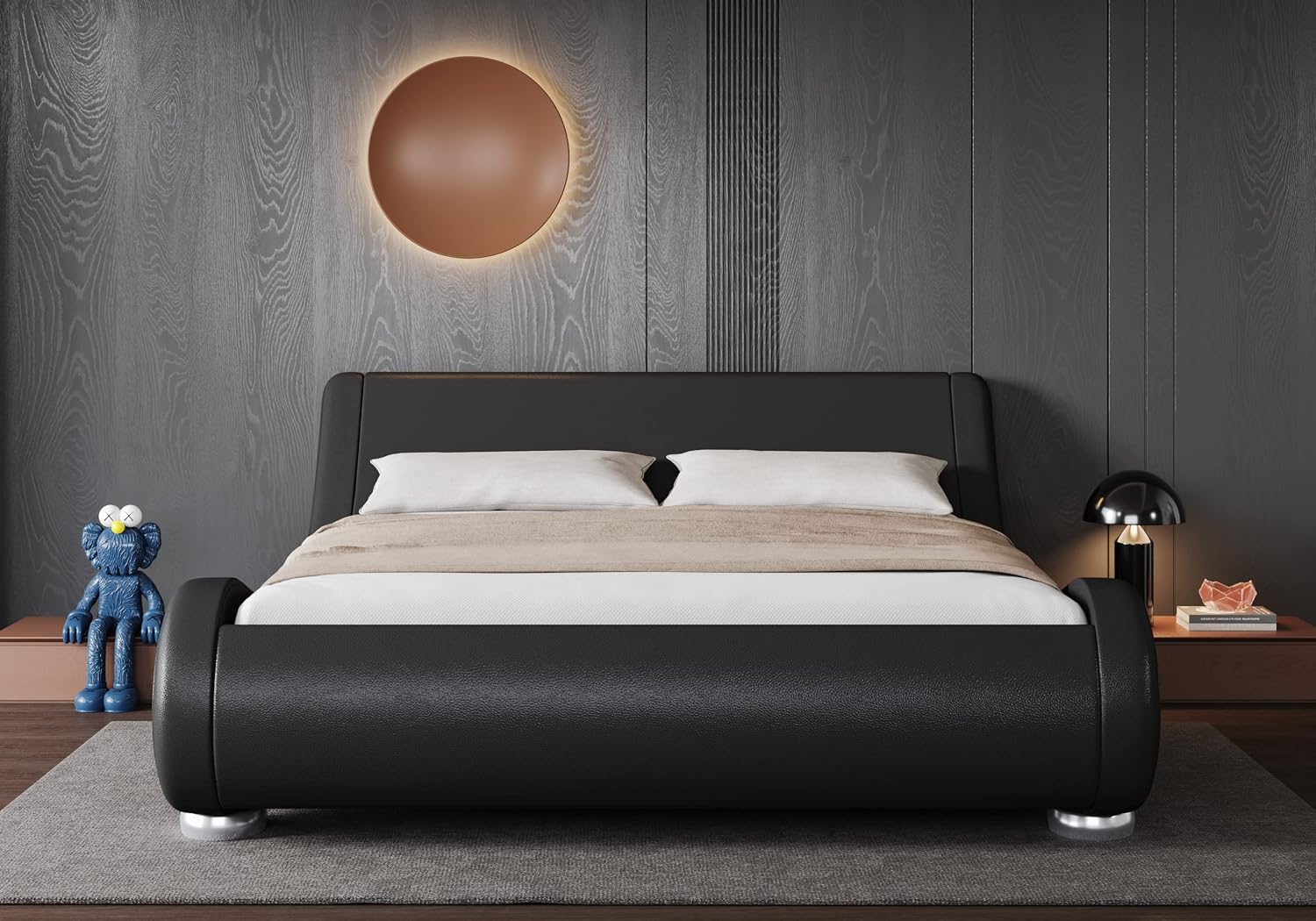 Allewie King Size Upholstered Platform Bed Frame with Ergonomic & Adjustable Headboard, Low Profile Sleigh Design for Elegant Bedroom - No Box Spring Needed, Easy Assembly, Black