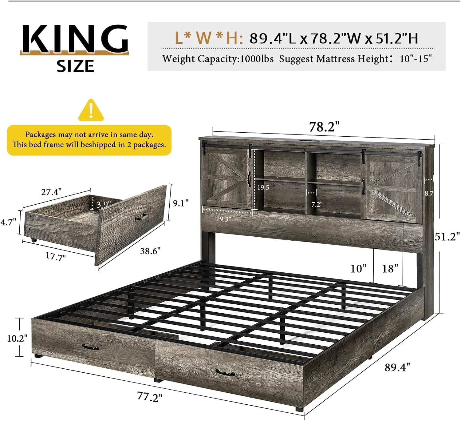 VanAcc King Size Bed Frame, Wooden Platform Storage Bed with 51.2' Bookcase Headboard, 2 Drawers, Charging Station/No Box Spring Needed/Noise Free, Rustic Grey