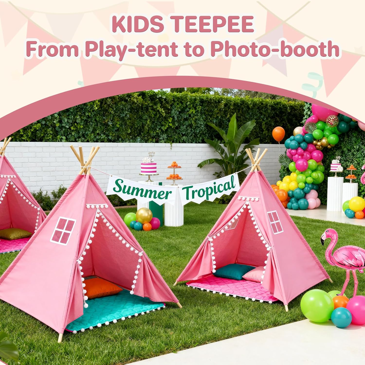 8 Pack Teepee Tent for Kids with Lights, Cotton Indoor Play Teepee with Pompom for Girls & Boys, Sleepover Tents for Boho Slumber Spa Party