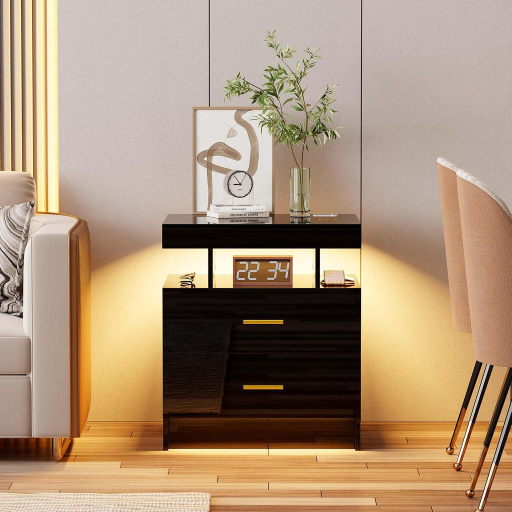 Lvifur Smart Nightstand Set of 2 - LED Night Stand with RGB Lights, Modern Bedside Table with Charging Station for Bedroom, Glossy End Table with Human Body Induction (Black)