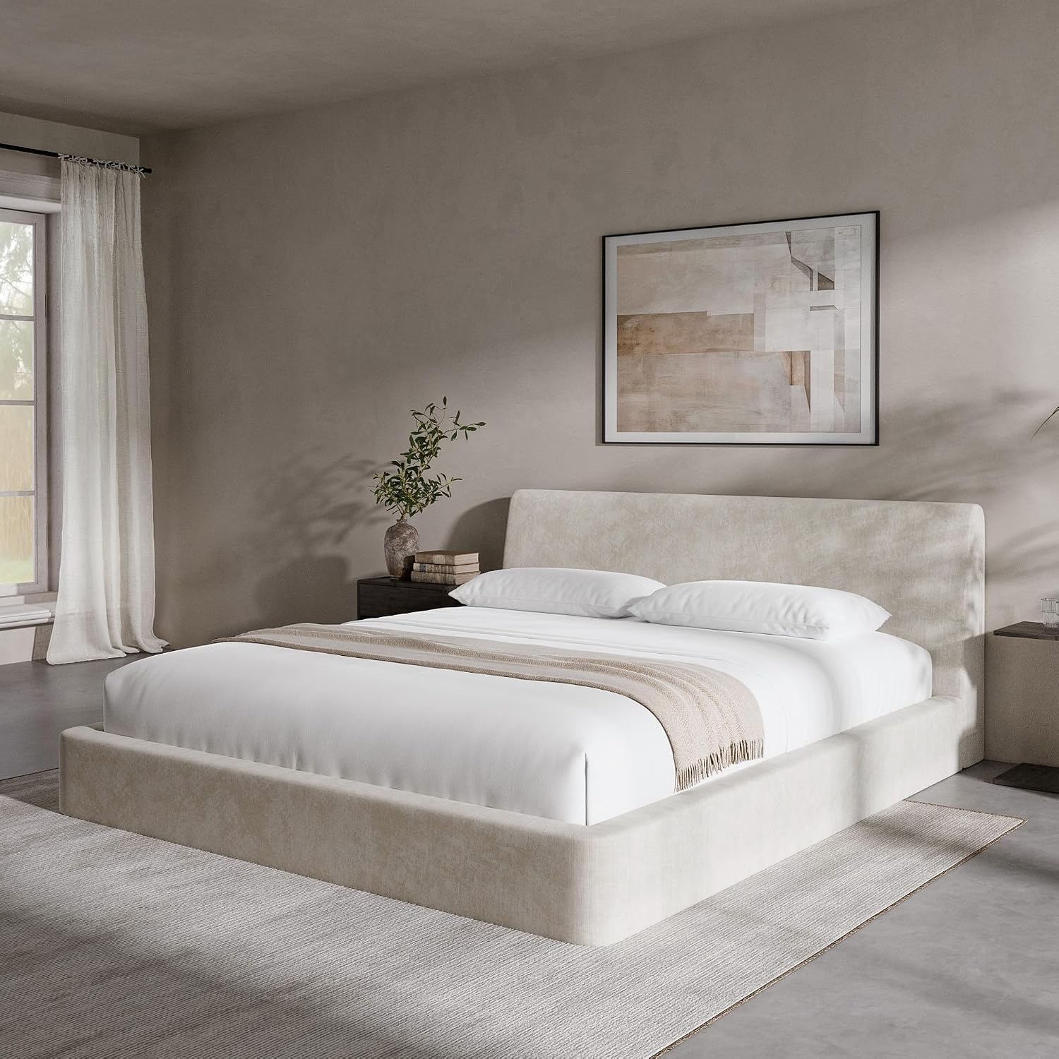 RECCI AirFrame Full Size Bed Frame with Ergonomic Angled Foam Cushioned Headboard, Minimalist Design Platform Bed Frame, No Box Spring Needed, Easy Assembly (Beige Chenille)