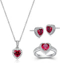 MORGAN & PAIGE .925 Sterling Silver Gemstones and White Sapphire Halo Heart Pendant Necklace, Ring and Stud Earrings for Women Set - Birthstone Jewelry Sets for Women, 18in Cable Chain, Size 7 Ring