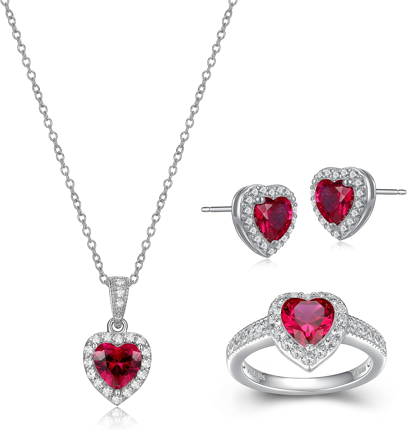 MORGAN & PAIGE .925 Sterling Silver Gemstones and White Sapphire Halo Heart Pendant Necklace, Ring and Stud Earrings for Women Set - Birthstone Jewelry Sets for Women, 18in Cable Chain, Size 7 Ring
