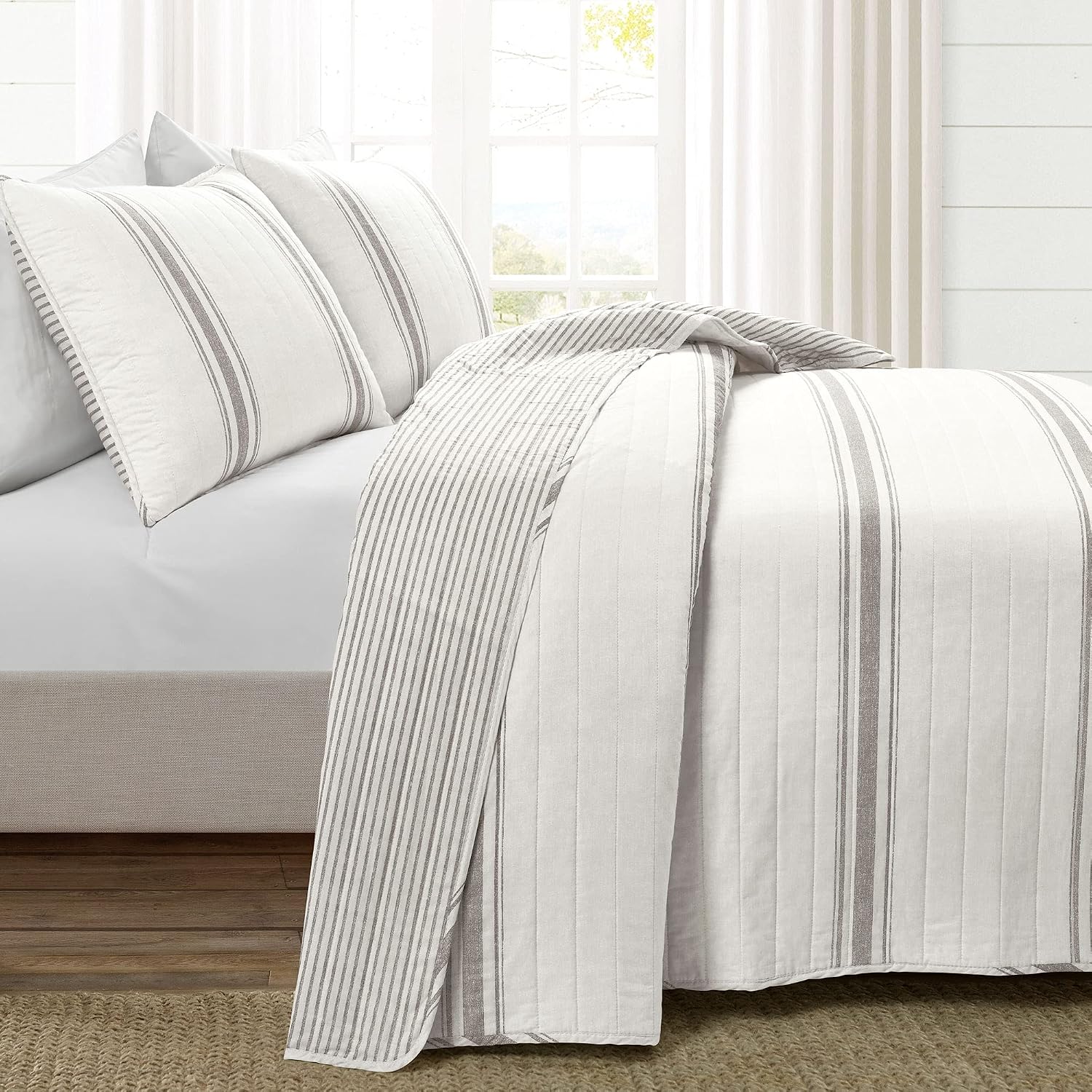 Lush Decor Farmhouse Stripe Reversible Cotton Quilt California King Size 3 Piece Set Gray - Farmhouse Bedding Set - Cal King Quilt - Striped Bedding