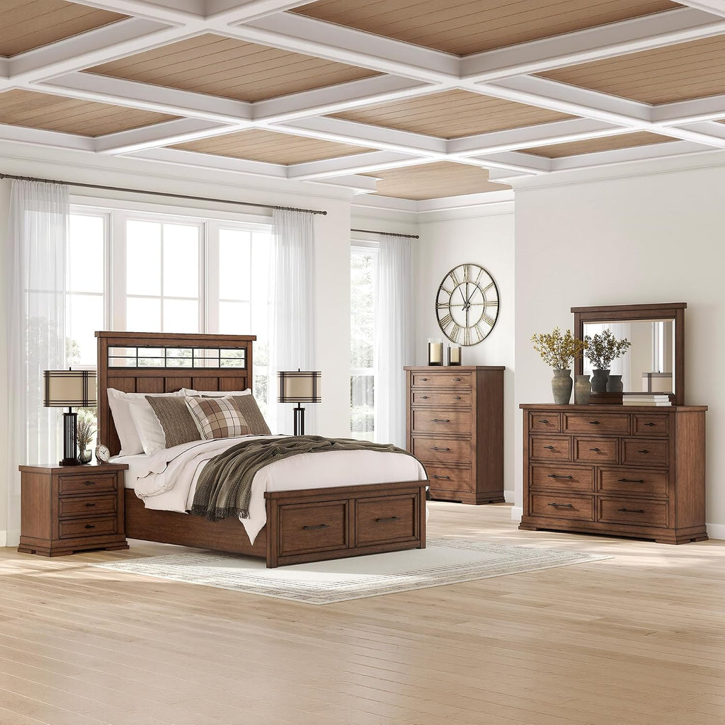 Signature Design by Ashley Taffenbrook Queen Bed Frame with Headboard, 2-Drawer Storage Platform Bed, Hardwood Solids, Mango Wood Veneer, MDF, Rich Brown Finish