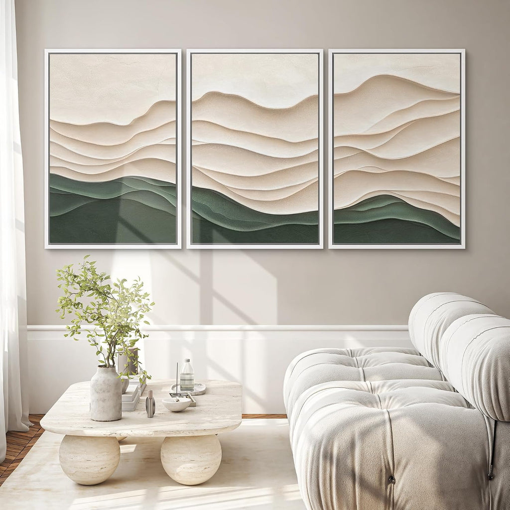 SIGNWIN Framed Canvas Print Wall Art Set Textured Paper Cut Landscape Beige and Green Minimalist Illustrations Modern Art Rustic Scenic Relax/Calm for Living Room, Bedroom, Office - 24'x36'x3 White