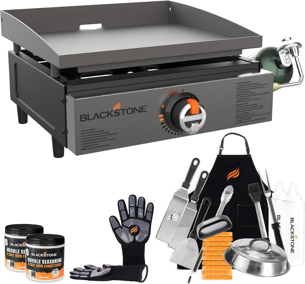 Blackstone 17 Inch Portable Tabletop Griddle 2142 With Stainless Steel Front for Camping and Tailgating, Griddle Accessories, Seasoning, and Gloves