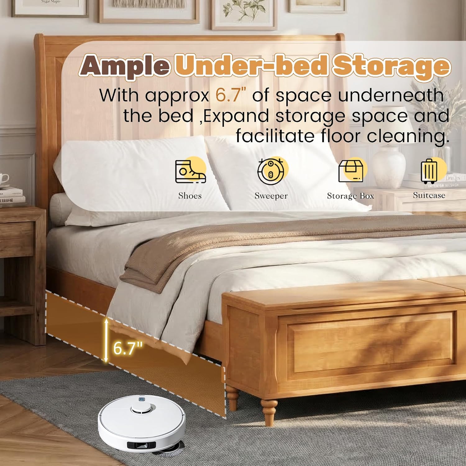 King Bed Frame with 53' Tall Headboard and Storage Bench, Solid Wood King Size Platform Bed with 64' Footboard Storage Chest,Heavy Duty Slats System,No Box Spring Needed, Natural